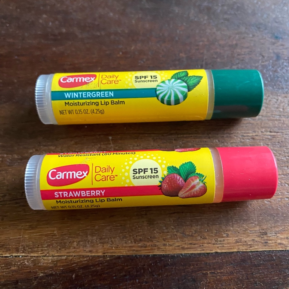 2 New Carmex Daily Care Moisturizing Lip Balm Wintergreen Strawberry SPF15